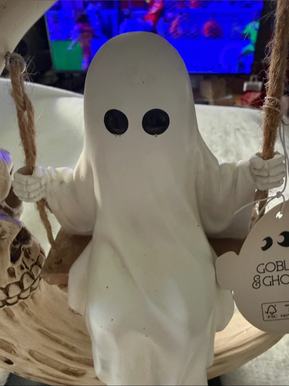 Ghost on Crescent Moon Figurine - White & Tan Halloween Decor